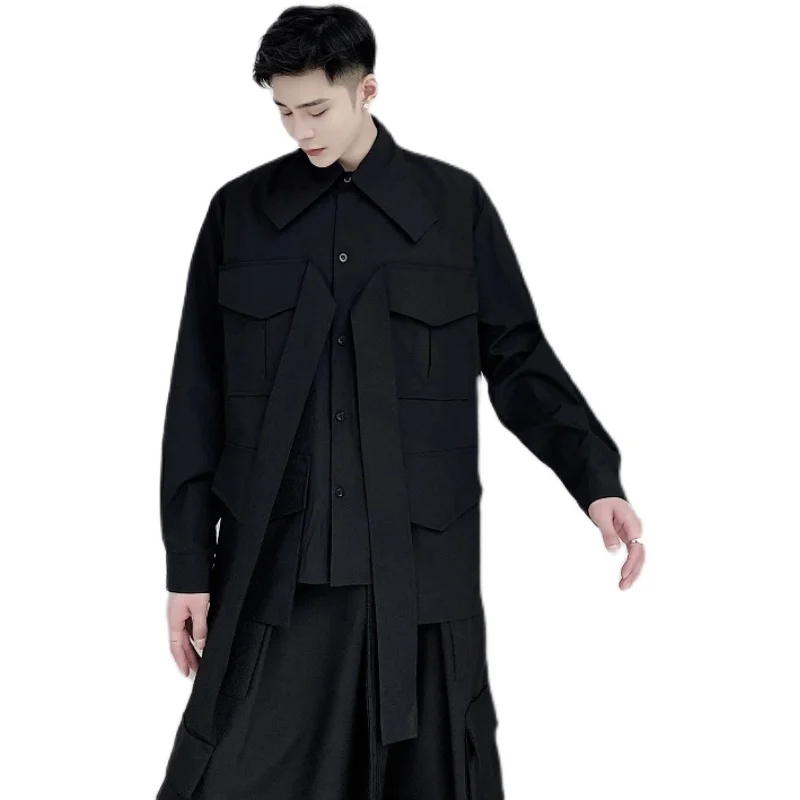 Men's Long-Sleeve Shirt Spring And Autumn New Style Personality Ribbon Fashion Men's Leisure Loose Large Size Shirt