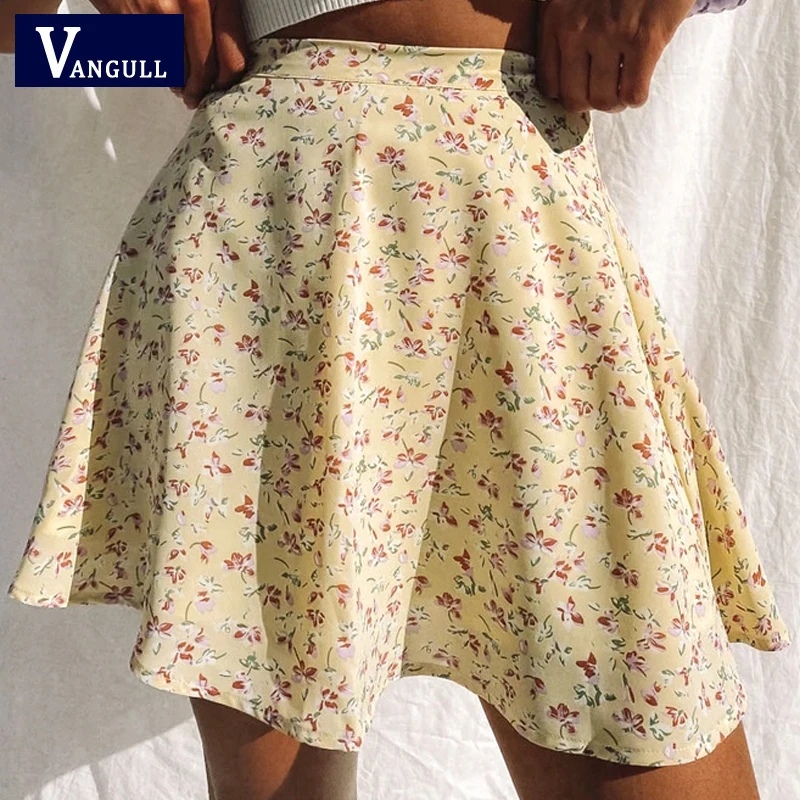 

Vangull Fashion Floral Printted Women Skirt Invisible Zipper High Waist Chiffon Female Skirt 2021 Summer New Mini A-line Skirt