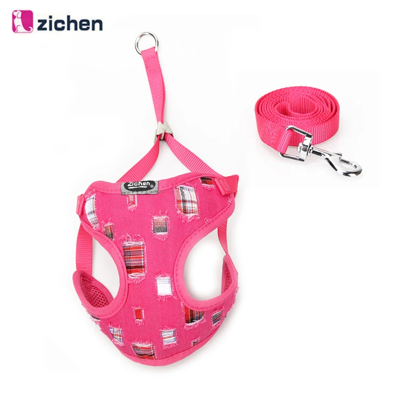 

Adjustable Nylon Dog Harness Leash Vest Double Fashion Denim Satin Mesh Breathable Mesh Material For Small Pets Accessories