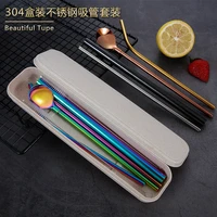 6pcsset metal straws with case reusable stainless steel straws metal straight bent drinking straws of metal with stirring spoon