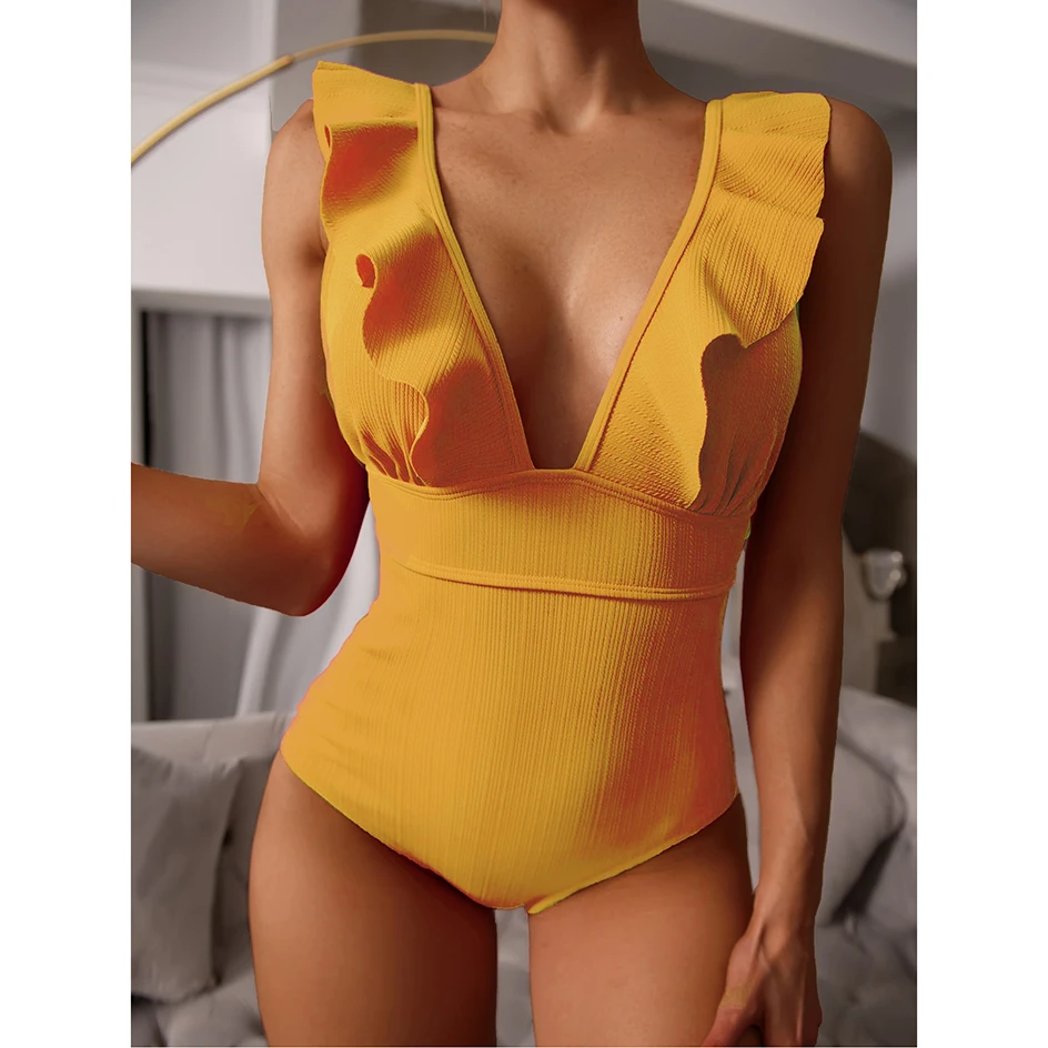 Sexy Ruffle Swimwear Women`s 2022 Deep V One Piece Swimsuit Female Bathing Suit Woman Bodysuit Swimming for Beach Wear Monokini