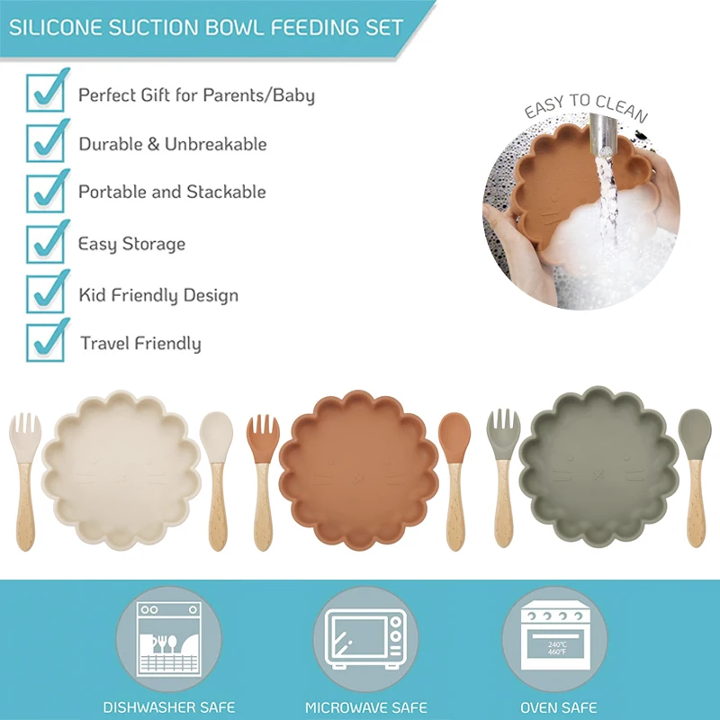 

9colors Cute Carton Lion Baby Silicone Plate Spoon Set Baby Feeding Silicone Bowl Baby Silica Gel Dishes Kids Tableware