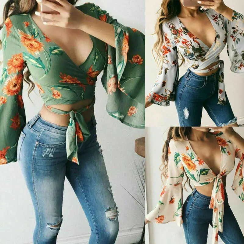 Женские сексуальные рубашки с V-образным вырезом укороченные женские блузки