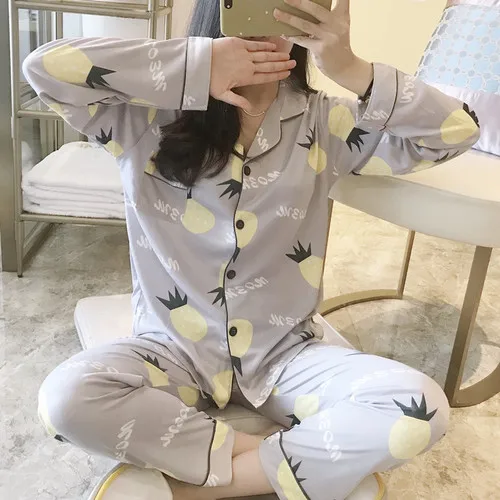Gray pineapple Новые осенние женские пижамы с отложным воротником, топы, комплект, женская пижама, комплект для сна, комплекты для сна, длинные штаны, женская одежда для сна - Цвет: Gray pineapple