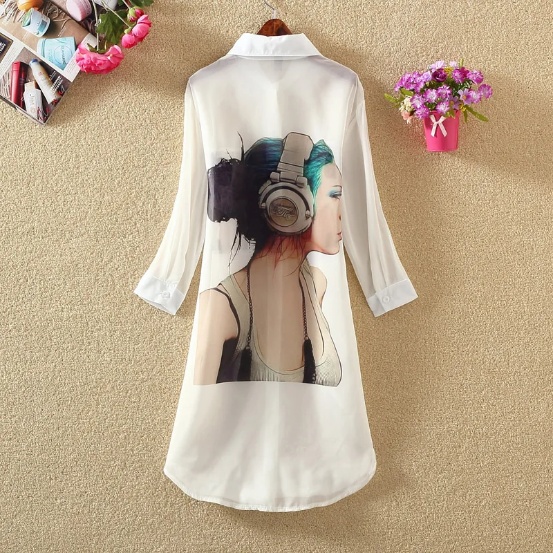 Женская шифоновая рубашка с принтом летняя Длинная свободная повседневная