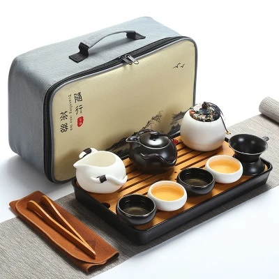 Качественный дорожный чайный набор кунг-фу чайник чашки gaiwan infuser chahai портативная коробка cozies деревянный бамбуковый поднос китайский чайный церемониальный набор - Цвет: SET 9