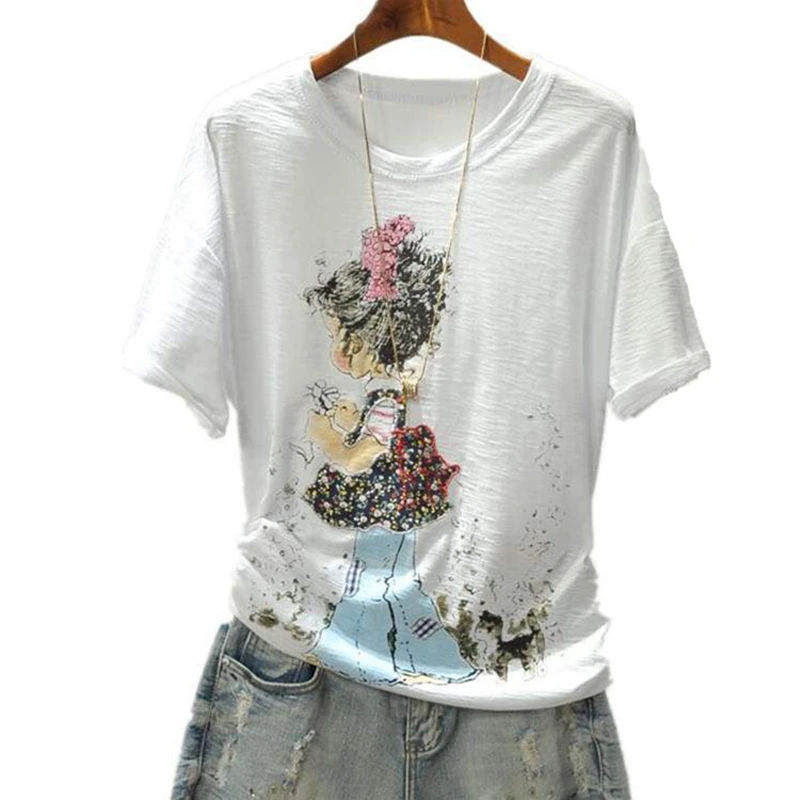 

summer t shirt women clothes 2019 fashion cotton print o-neck casual tshirt ladies cartoon sweet loose short sleeve tops D78