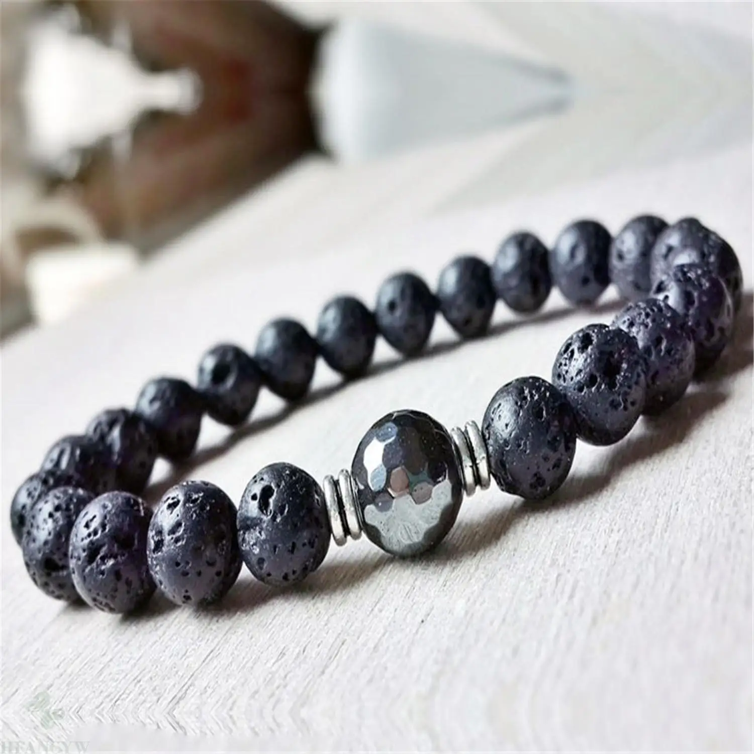 

8mm Natural Lava stone Handmade Mala Bracelet Yoga Spirituality Buddhism Ruyi Stretchy Chakas Healing Meditation