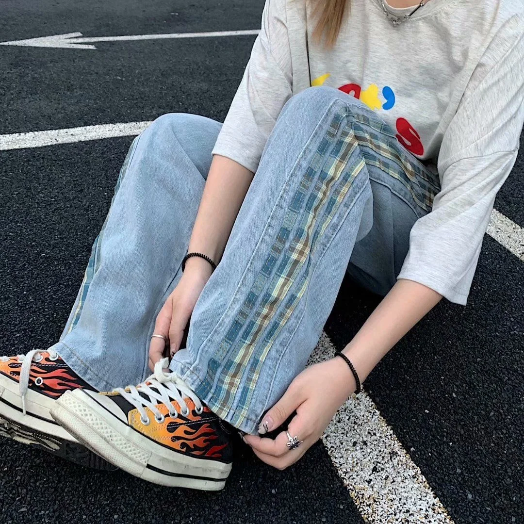 

Washed Wide-leg Jeans Men Trend Loose Straight-leg Denim Pants Plaid Stitching Hiphop Streetwear Trousers Plus Size Four Seasons