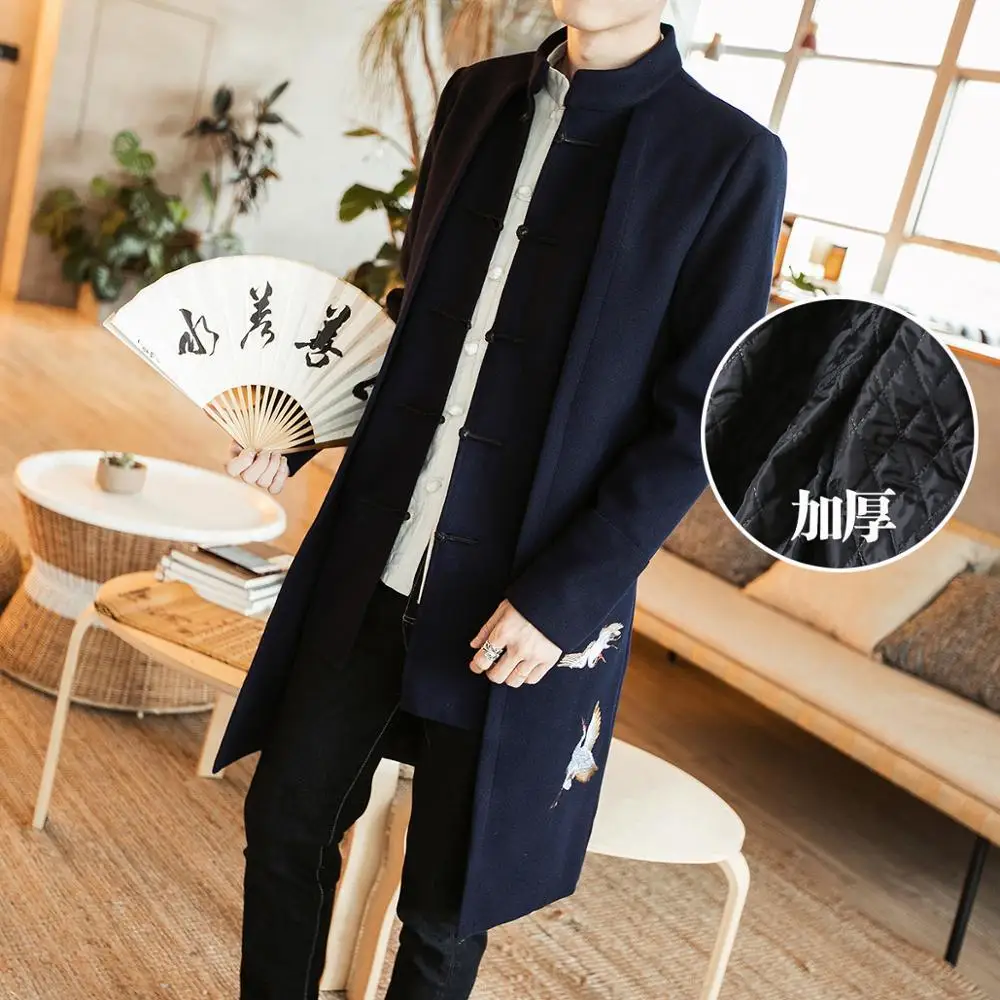 Мужской длинный шерстяной Тренч с вышивкой Зимняя Толстая хлопковая куртка