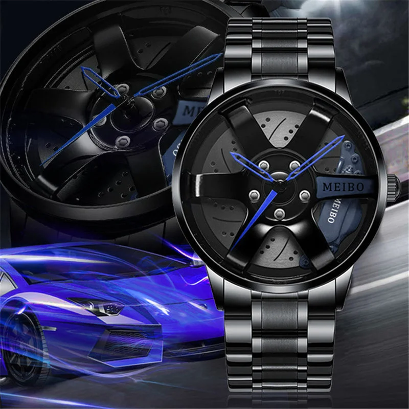 

New Men Quartz Sport Watch Car Rim Hub Wheel Wristwatch Car Men Stainless Steel Watches