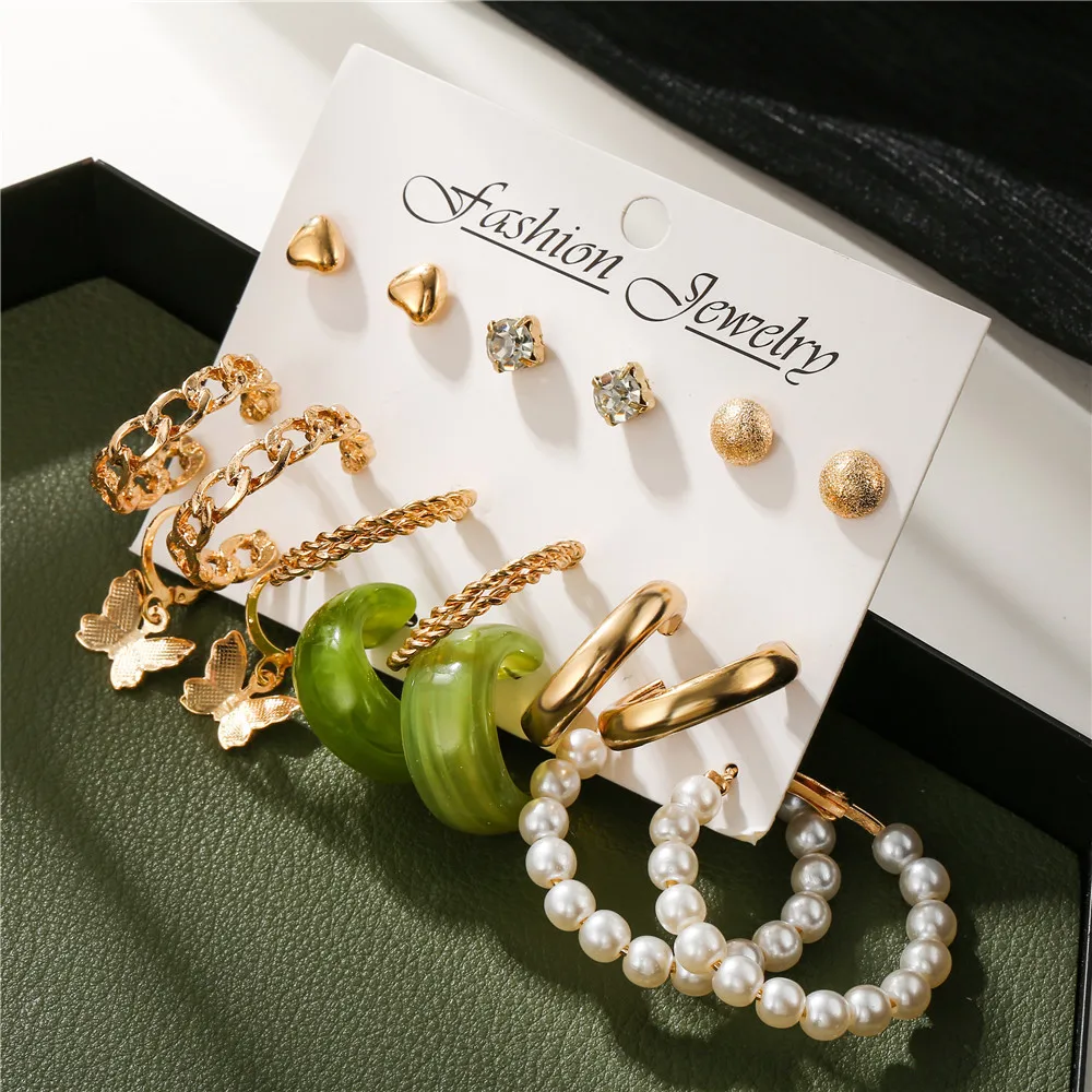 

Foreign trade supply European and American simple new 9 pairs of butterfly pearl round earrings earrings combination set of orna