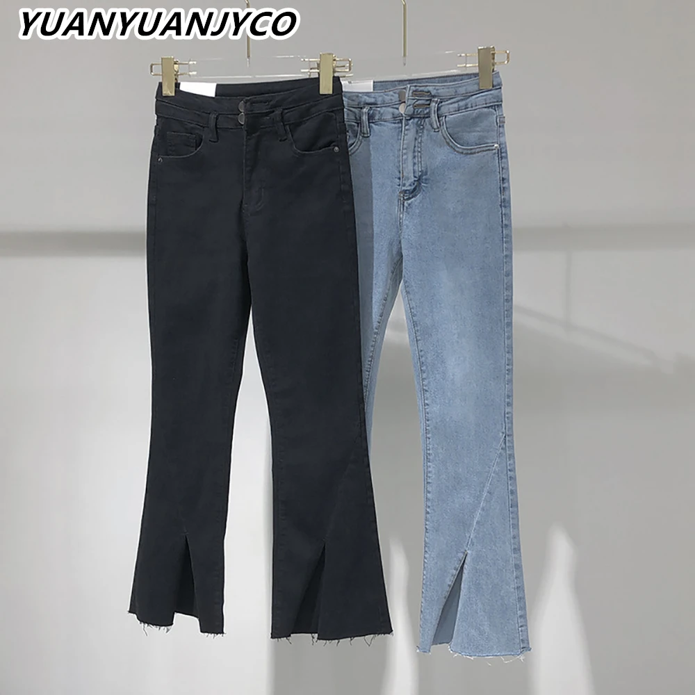 

YUANYUANJYCO Spring Autumn Women Long Casual Jeans Fashion Tassel Side Split High Waist Denim Pants Flare Elastic Jean Trousers