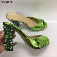 10cm summer women high heel sandals diamond on heel slip on stilettos slippers patent leather green shinning wedding party pumps