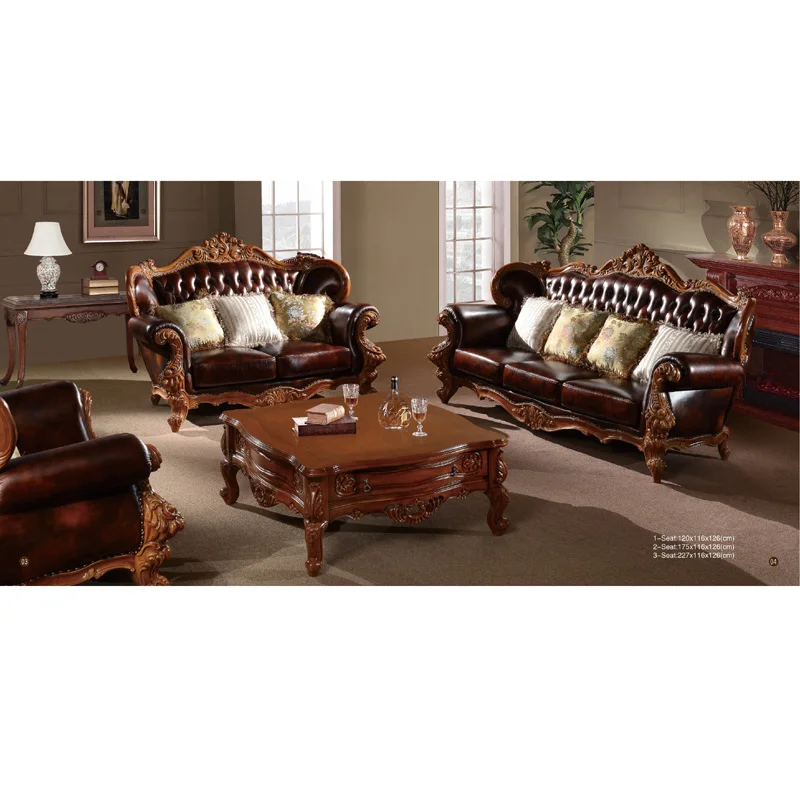 Деревянный диван из натуральной кожи Magasins de meubles en ligne luxe bois style classique WA599 | Мебель