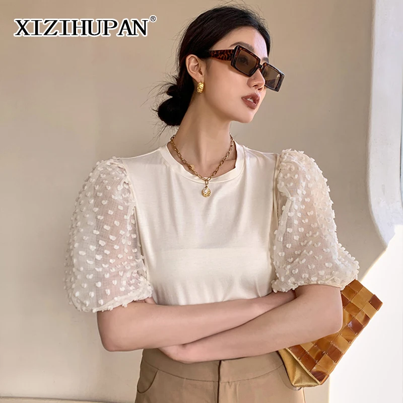 

XIZIHUPAN Solid Casual T Shirt For Women O Neck Puff Short Sleeve Patchwork Vintage Black T Shirts Female 2021 Fashion Style New