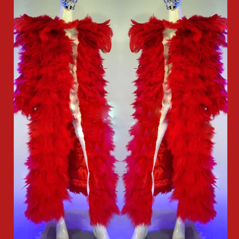 

Women Stage Dance Costume Red feather long shawl coat Handmade Nightclub Bar men women Singer Gogo Dance Wear Festival Outfit
