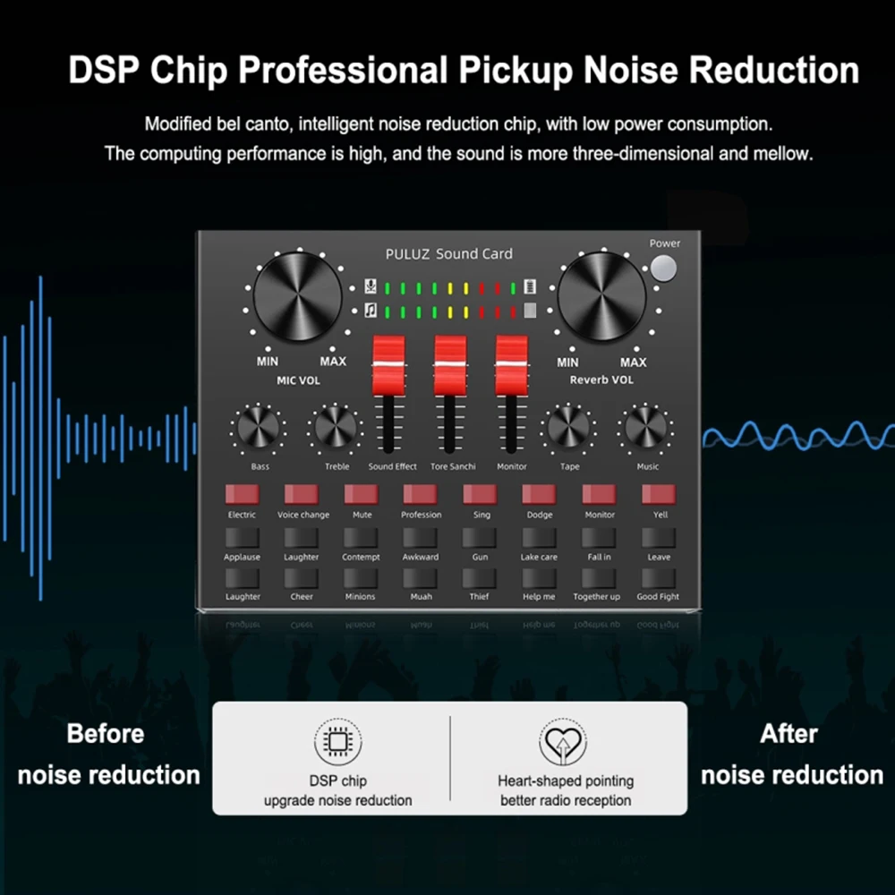 

PULUZ Live Broadcasting Sound Card BT Connected K-araoke Singing Recording Sound Mixer for Mobile P-hone / C-omputer / Laptop