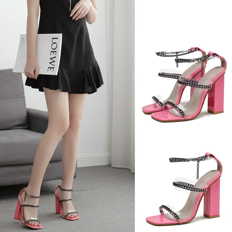 European and American 2020 New Chain Sexy Square High Heel Chunky Heel Women's Sandals