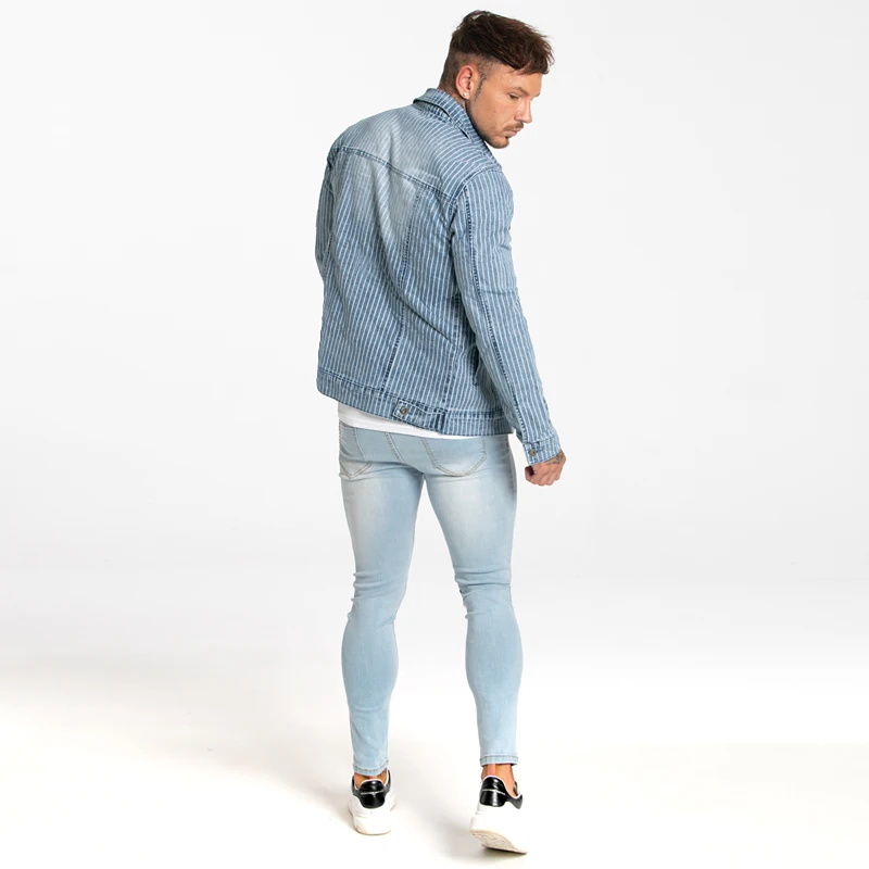 

GINGTTO Mens Jackets and Coats Light Blue Denim Jacket for Men Winter Autumn New Arrival Stripe Fashion Skinny Design zm721