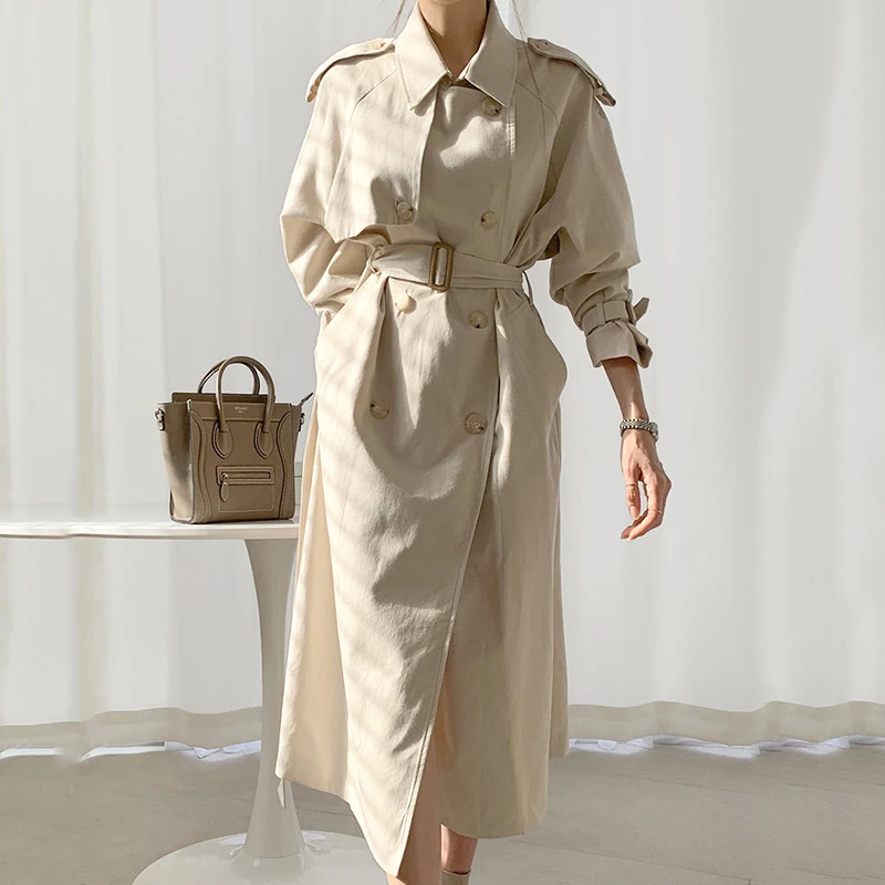 

Autumn Elegant Mid-length Khaki Apricot Trench Coat With Sashes Korean Women Lapel Double Breasted Long Sleeve Windbreaker Coats