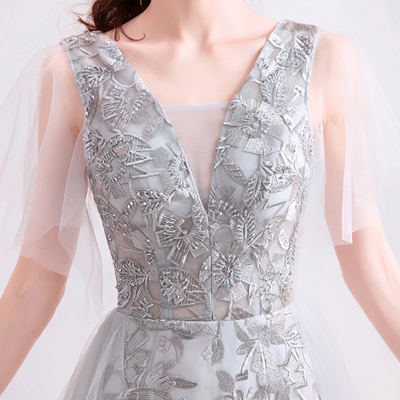 

Evening Dress Illusion V-Neck A-Line Embroidery Beading Lace Luxury Gray Short Tulle Floor-Length Elegant Lady Formal Gown TS546