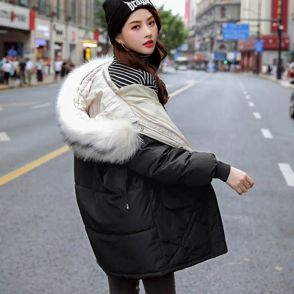 2020 Artificial Fur Hooded Winter Jacket Women Thick Parka Female Down Cotton Wadded Casual Warm Long Green Coat Mujer Chaqueta