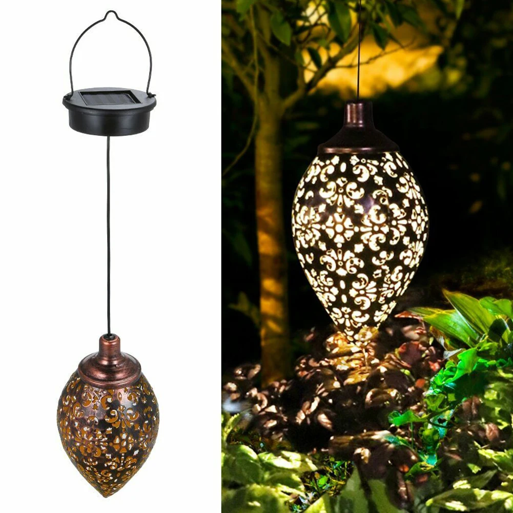 

Pathway Wrought Iron Porch Yard Courtyard Portable Patio LED Decorative Outdoor Garden Hollowed Out Hanging Lantern Solar Lamp