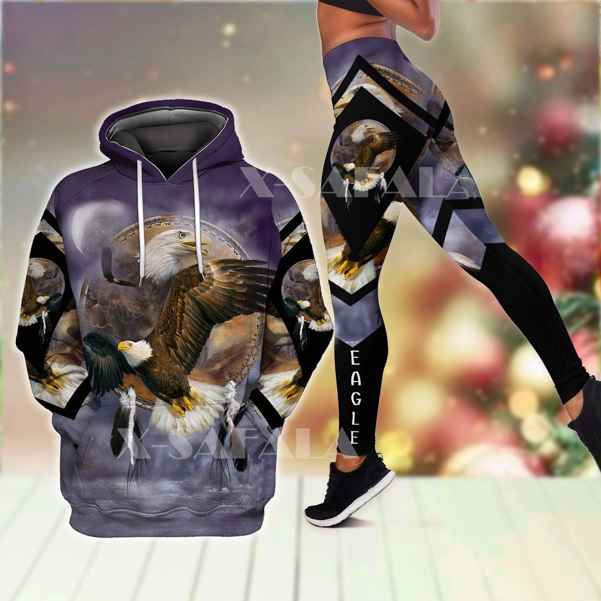 

Native Eagle Sun 3D Print Combo Hoodie High Waist Legging Women Outwear Leggings Hooded Pullover Suit Tracksuits Two Piece Sport