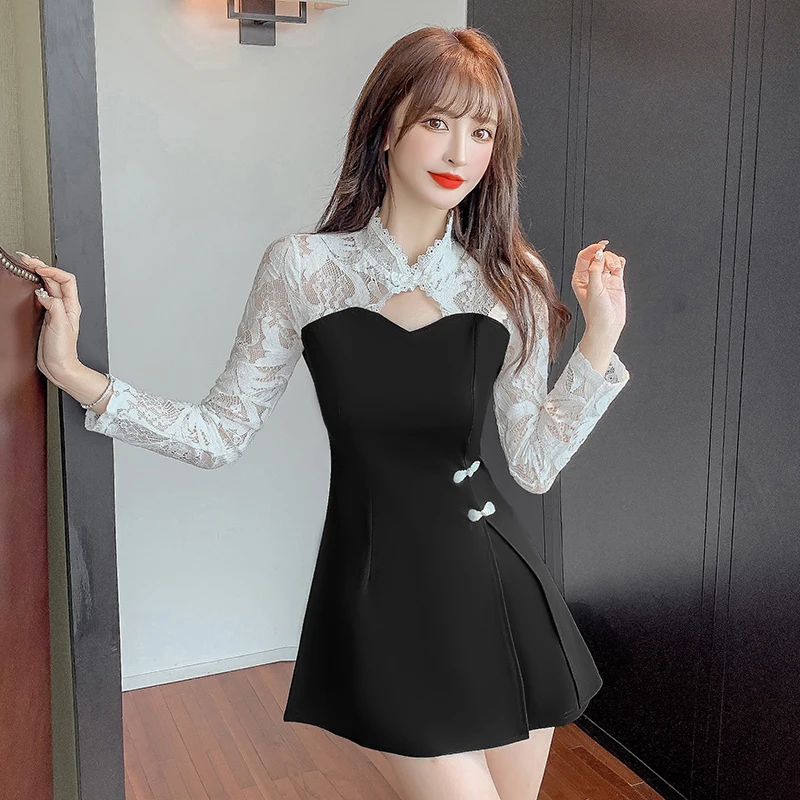 

2pcs Women Retro Elegant Cheongsam Lace Patchwork Dress Chinese Style Qipao Tops Shorts Fashion Oriental Clothing Set Vestidos