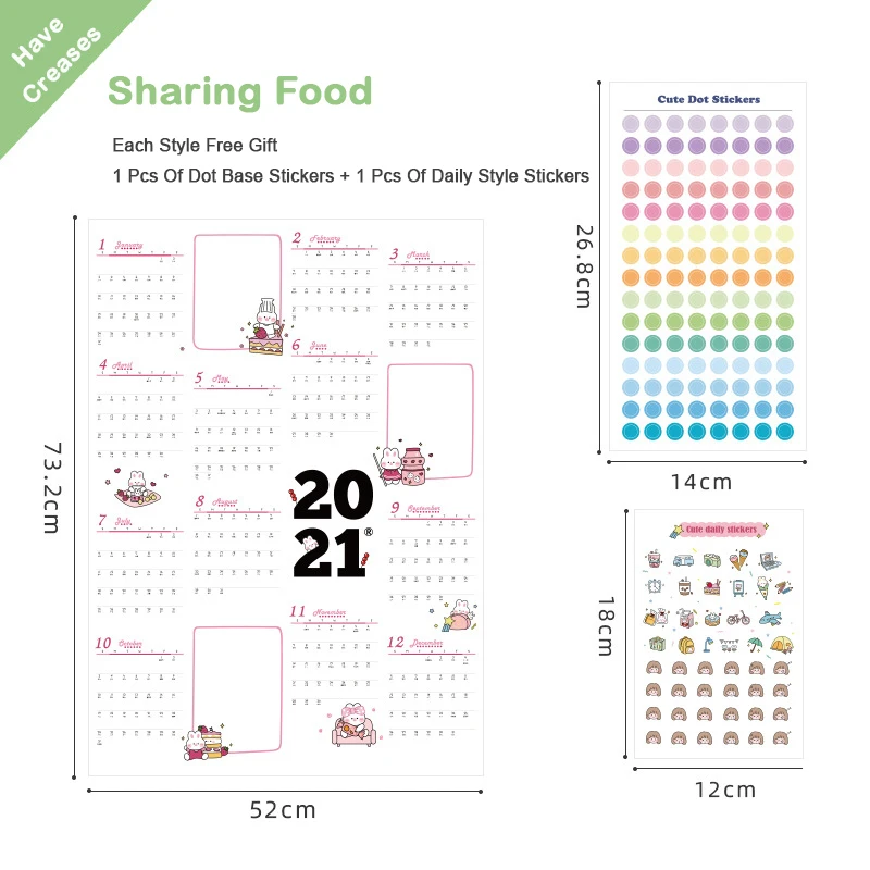 

2021 Cute Cartoon Wall Calendar with Sticker Learning Schedule Periodic Daily Planner Memo Agenda Organizer Office Stationery