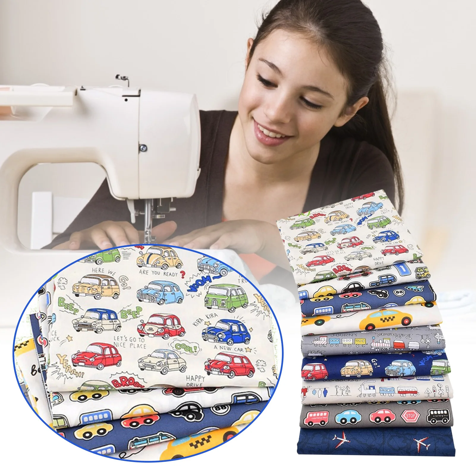 

25x25cm/50x50cm 9-Piece Car Theme Print Cotton Fabric Comfortable for DIY Sewing Cloth Make Bedding Quilt Decoration Home
