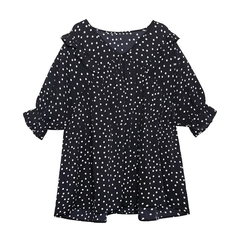 

XITAO Dot Print Chiffon Shirt Contrast Color Summer New Fashion Splicing Edible Tree Fungus V-neck Collar Loose Women LDD1812