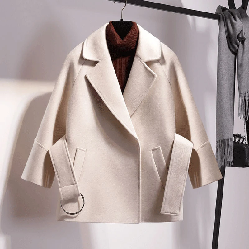 

2023 New Woolen Women's Autumn Winter Coat Students Short Cloak Waist Camel Belt Warm Pocket Jacket Outside Wear Clothing Tops