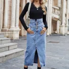 Джинсовая юбка для женщин, с высокой талией, с разрезом, длинная