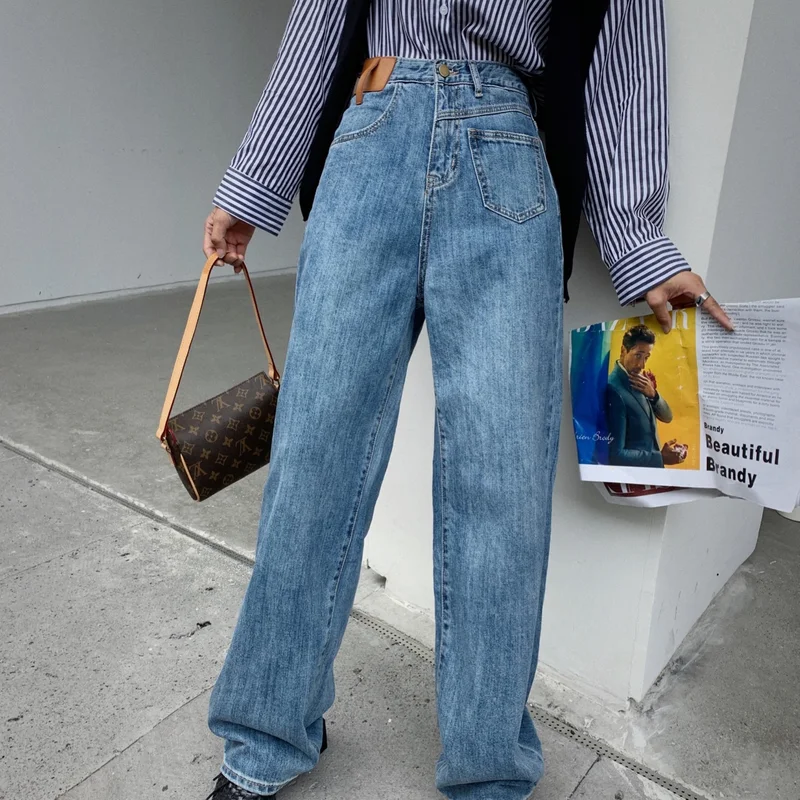 

2021 модные женские джинсы, женские осенне-Весенние Новые повседневные свободные брюки в Корейском стиле с высокой талией и широкими штанина...