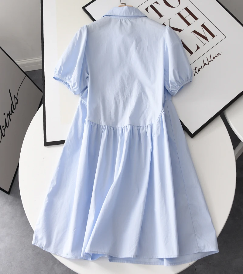 

FOLOBE 2021 Fashion Blue Shirt Dresses Women Puff Sleeve Turn-down Collar Buttons Patchwork Loose A-line Mini Dress Female
