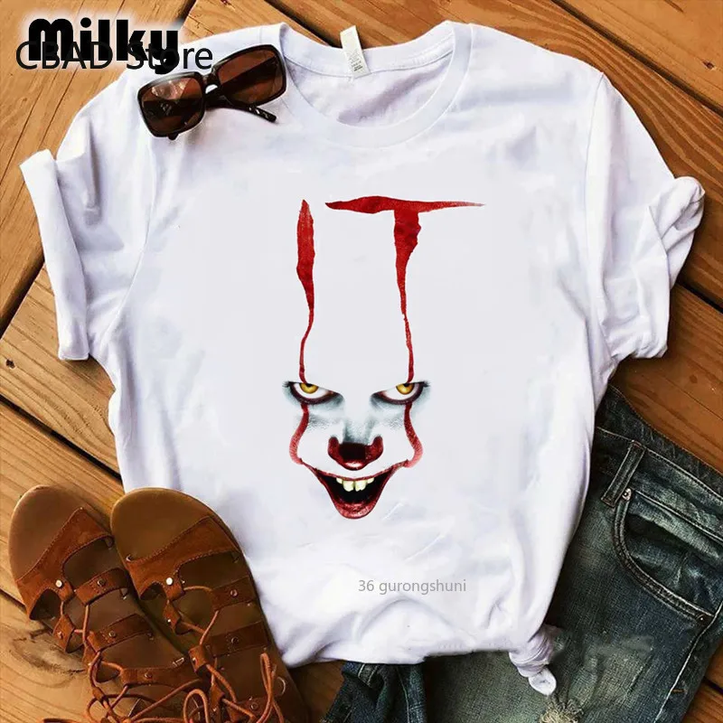

Horror Clown Movie women Custom T-Shirt femme 2022 Summer Hot Stephen King Printed Tshirt Pennywise T shirt women Tops Tee