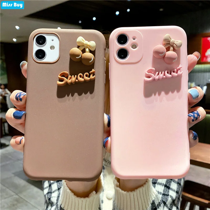 

3D Cherry Letters Phone Back Cases For iPhone 13 12 11 Pro Max 12 Mini X XR XS MAX 8 7 6S 6 Plus Cover Shockproof Soft TPU Coque