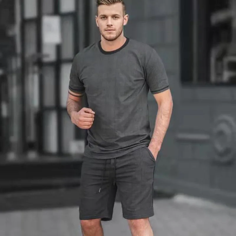 

2021 summer new men's T-shirt shorts Sets 3D lattice wind jogging sports suit loose sportswear plus size men's clothing