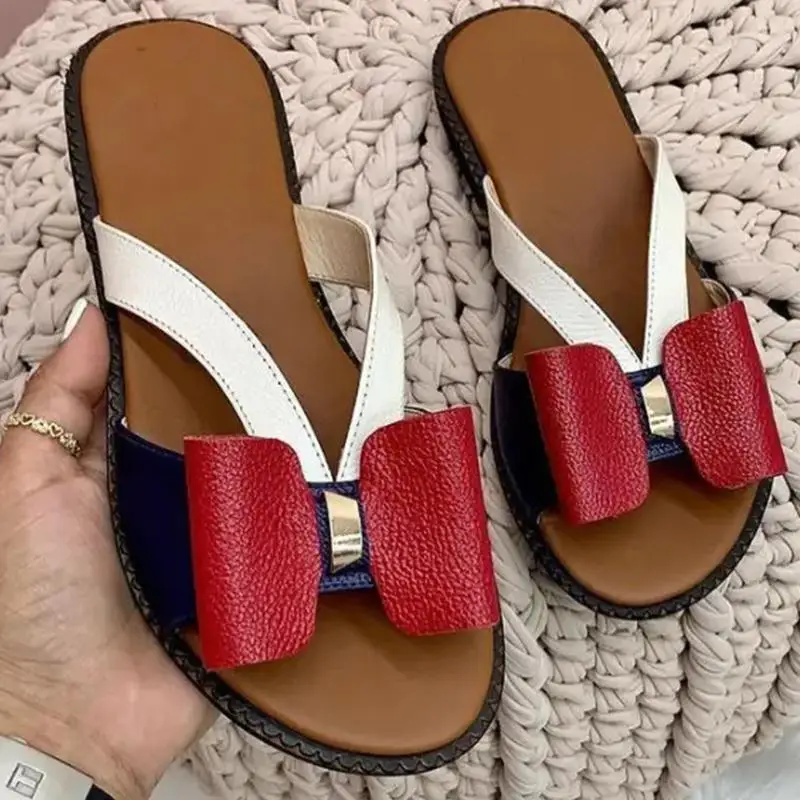 

2021 Fashion Women Slipper Summer Solid Color Bow Female Flat Shoes New Casual Outdoor Comfortable Slip On Ladies Slipper