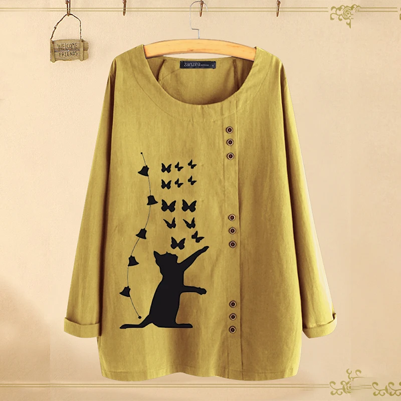 Style 2 Yellow ZANZEA, осенняя блузка, Женская Повседневная рубашка с длинным рукавом, женские блузки с цветочным принтом, Женские винтажные топы с принтом, хлопковые льняные блузки - Цвет: Style 2 Yellow
