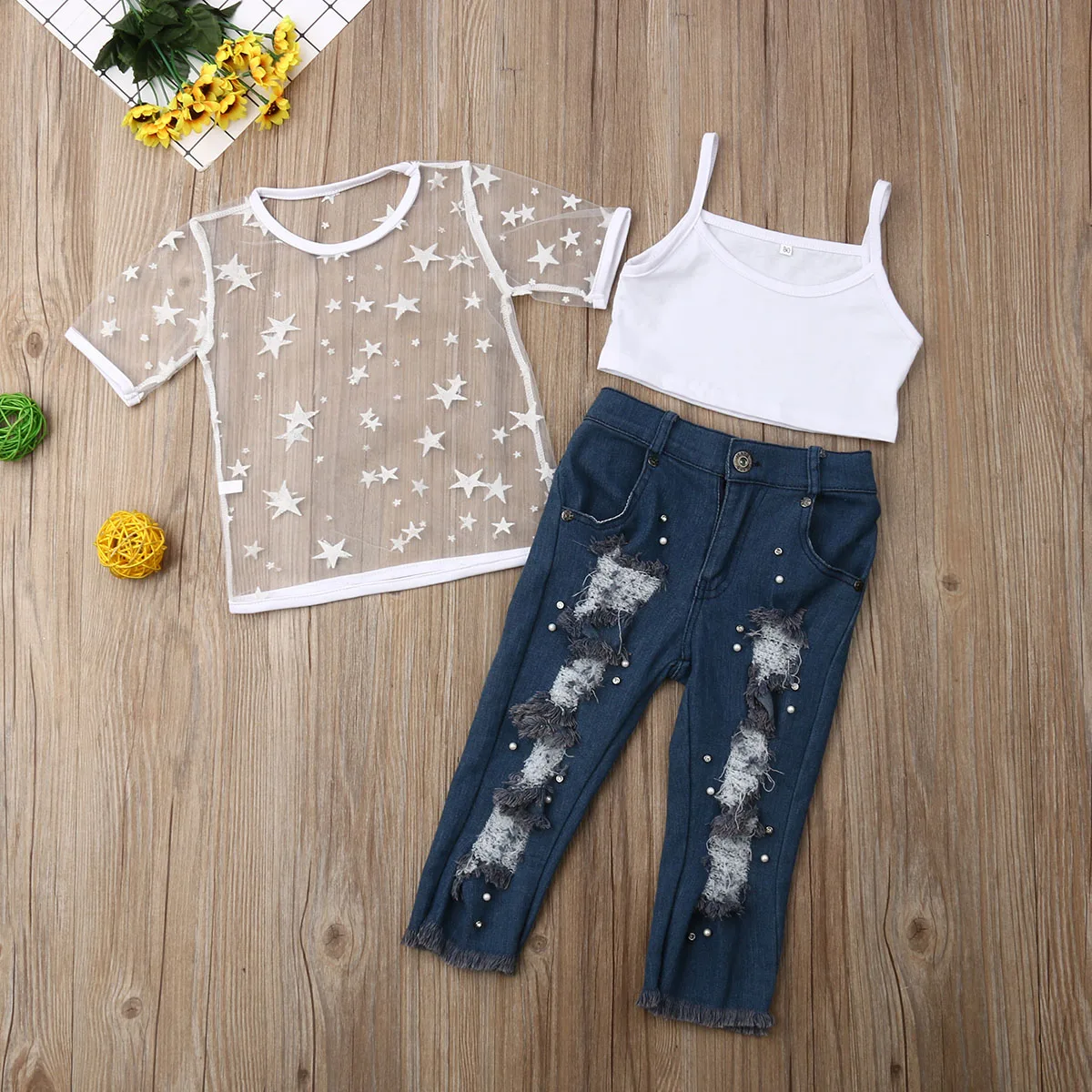 

1-6Y New Fashion Kids Girls 3PCS Summer Clothes Sets Short Sleeve Mesh T-shirt +Tank Tops+ Holes Denim Pants Outfits Holiday