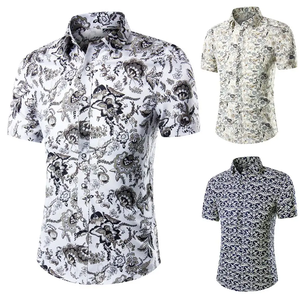 Летняя винтажная Мужская рубашка с отложным воротником и коротким рукавом