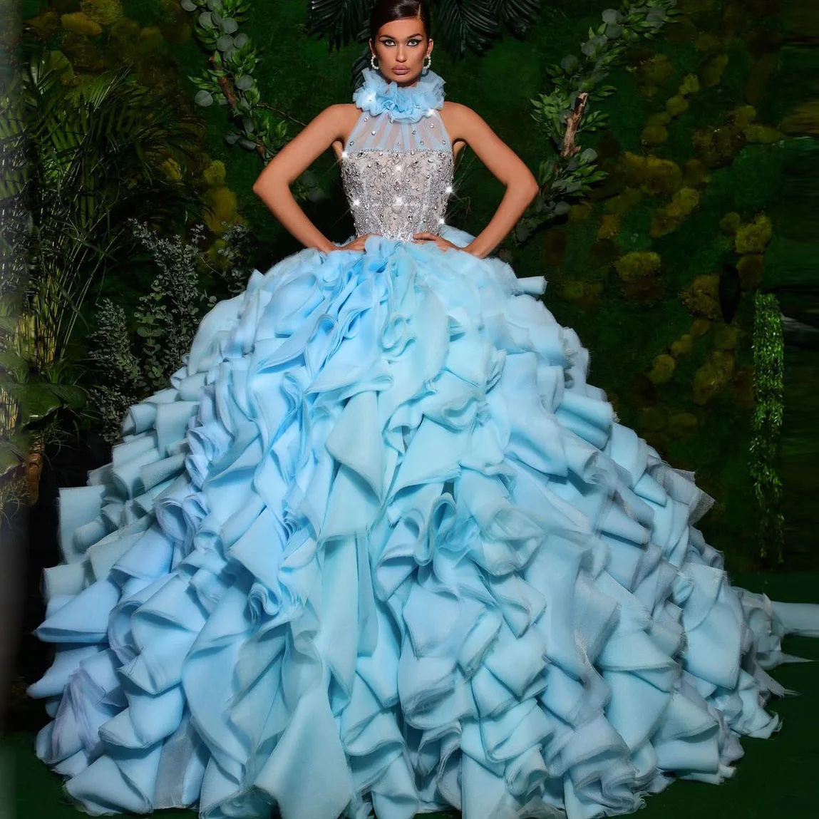 

Светло-голубой платье для выпускного вечера на заказ блесток платье с украшением в виде кристаллов свадебное платье с лямкой на шее блестящ...