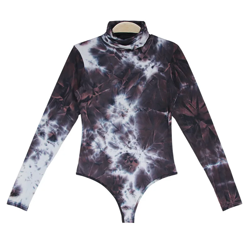 

2021 Women Sexy Tie Dye Printed Slim Turtleneck Long Sleeve Bodysuit Tops Female Fashion Party Short Romper Bodysuit