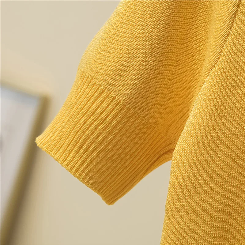 

2021 Spring Summer Women V-Neck Short Sleeve Knitted T-Shirt Sweater Top Solid Color Casual Pullover Pull Femme