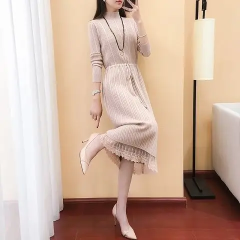 Винтажное кружевное повседневное модное платье свитер черного и коричневого