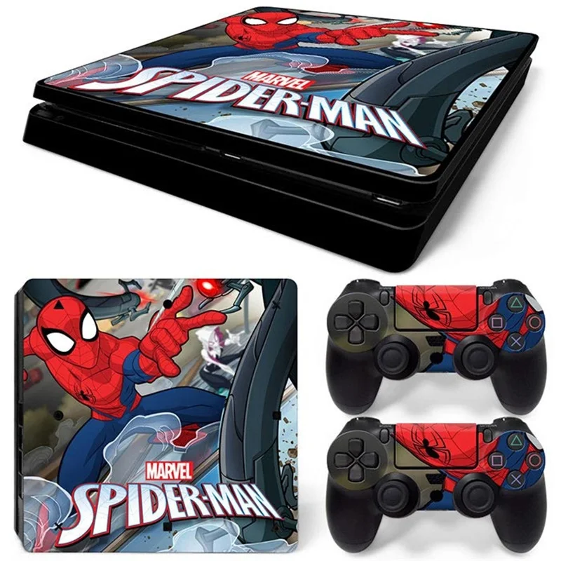 Виниловая наклейка для консоли PS4 Slim и 2 контроллеров с изображением спайдермена