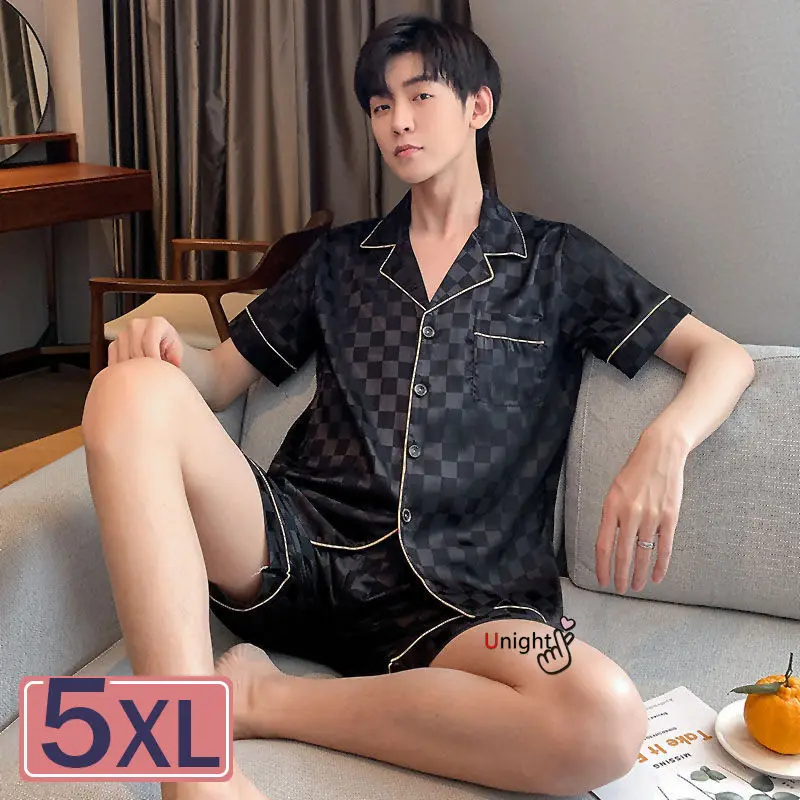 

2021 New Summer Short Black Plaid Silk Pajama for Men 2pc Plus Size 4XL 5XL Short Set Luxury Pijama Hombre Loungewear Homewear